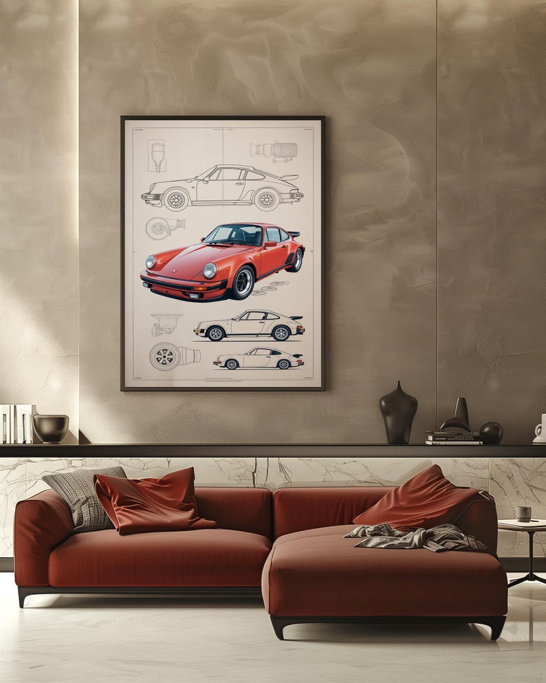 Puede incluir: Una l&aacute;mina de arte mural enmarcada que presenta una ilustraci&oacute;n central de un coche deportivo rojo rodeada de dibujos t&eacute;cnicos de l&iacute;neas del mismo veh&iacute;culo en perfiles laterales y superiores, sobre un fondo crema claro con contornos negros.