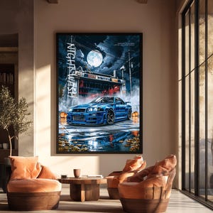 May include: A framed wall art print featuring a blue sports car parked in front of a car wash at night under a full moon. The scene includes orange pumpkins, fallen autumn leaves, and the vertical text NIGHT WASH in white lettering.