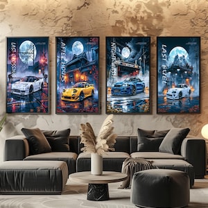 May include: Four framed vertical wall art prints featuring Japanese sports cars in night settings under a full moon. The prints are titled Last Crossing, After Hours, Night Wash, and Last Fuel, showcasing white, yellow, and blue cars on wet roads.