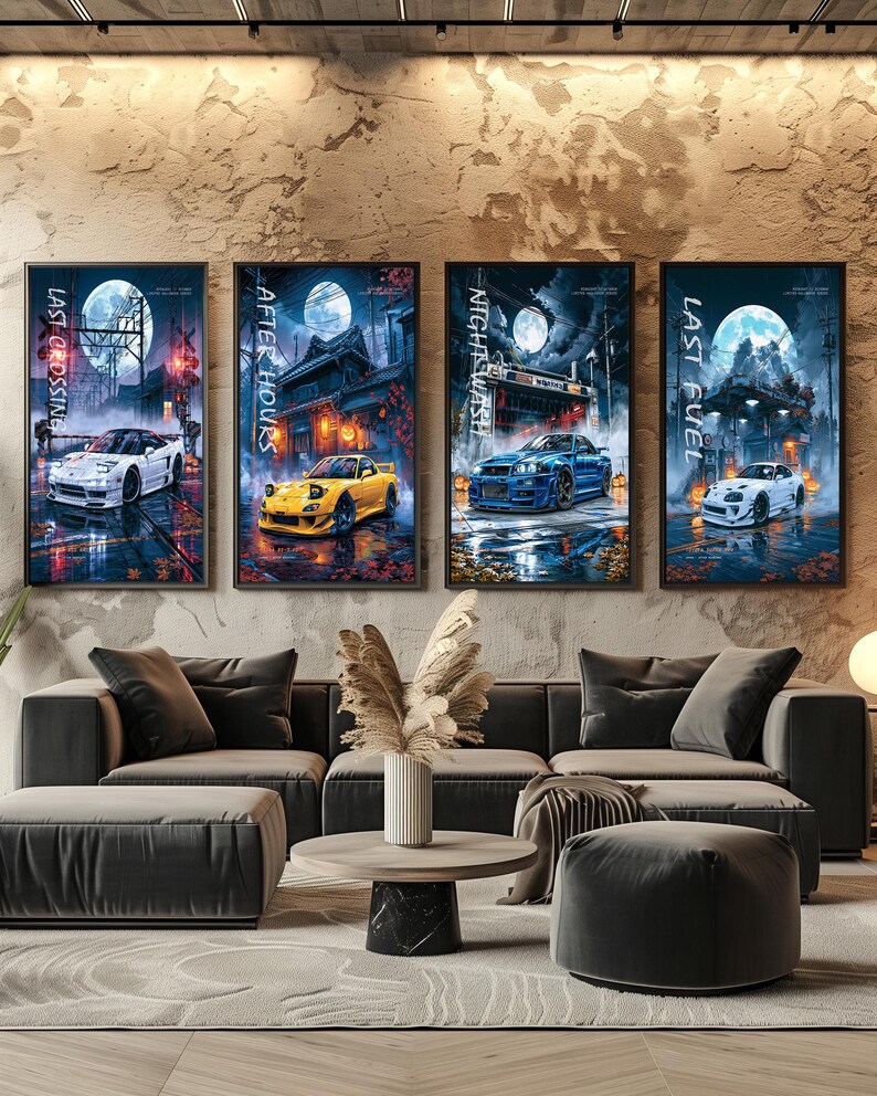 May include: Four framed vertical wall art prints featuring Japanese sports cars in night settings under a full moon. The prints are titled Last Crossing, After Hours, Night Wash, and Last Fuel, showcasing white, yellow, and blue cars on wet roads.