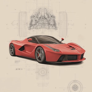 Puede incluir: Un hiperdeportivo h&iacute;brido LaFerrari rojo se muestra en una ilustraci&oacute;n t&eacute;cnica con esquemas de ingenier&iacute;a de fondo. El texto dice ENGINEERING ICONS, LAFERRARI HYBRID HYPERCAR, 6.3L V12 HYBRID, 963 PS, RWD y Technical Illustration Series.