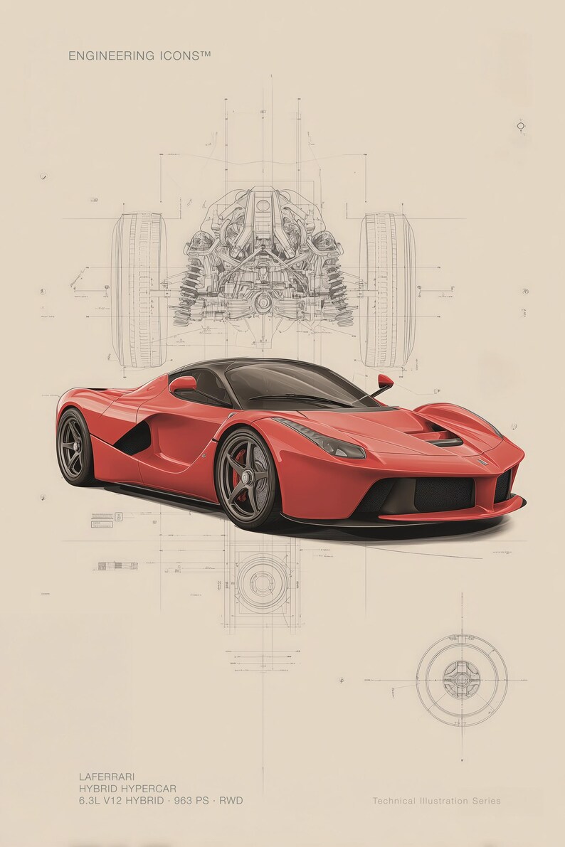 Puede incluir: Un hiperdeportivo h&iacute;brido LaFerrari rojo se muestra en una ilustraci&oacute;n t&eacute;cnica con esquemas de ingenier&iacute;a de fondo. El texto dice ENGINEERING ICONS, LAFERRARI HYBRID HYPERCAR, 6.3L V12 HYBRID, 963 PS, RWD y Technical Illustration Series.