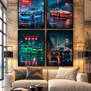 May include: Four framed wall art prints featuring iconic sports cars: a blue Nissan Skyline GT-R R34, an orange Toyota Supra MK4, a green Mitsubishi Eclipse GS-T, and a black Dodge Charger R/T, each displayed in a dark, rainy, neon-lit urban setting.