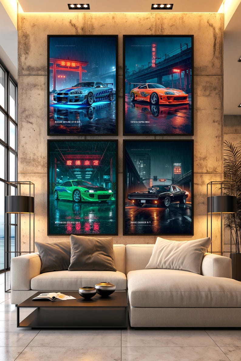 May include: Four framed wall art prints featuring iconic sports cars: a blue Nissan Skyline GT-R R34, an orange Toyota Supra MK4, a green Mitsubishi Eclipse GS-T, and a black Dodge Charger R/T, each displayed in a dark, rainy, neon-lit urban setting.