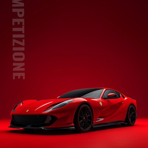 May include: A red Ferrari 812 Competizione sports car on a red background. Text reads: COMPETIZIONE, APEX ICONS FERRARI ICONS 2020s, FERRARI 812 COMPETIZIONE 2021 6.5L V12 819 HP, and CURATED PERFORMANCE SERIES. The car features black wheels and trim.
