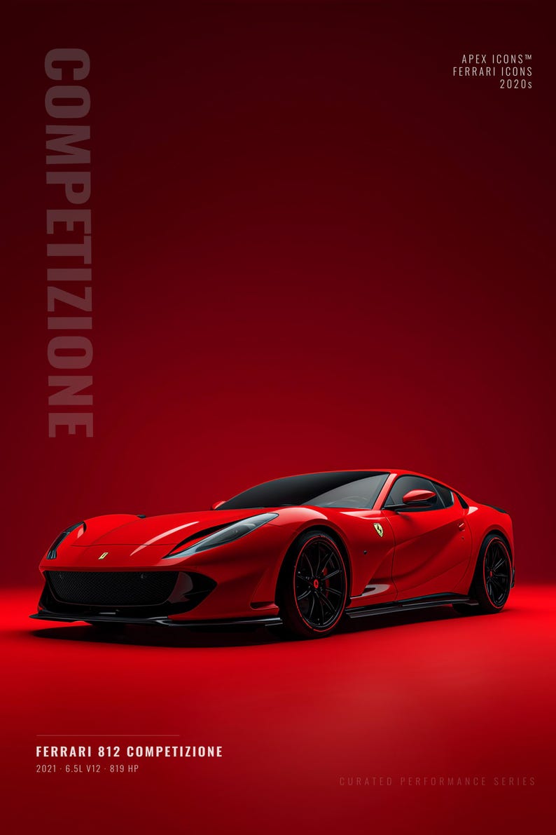 May include: A red Ferrari 812 Competizione sports car on a red background. Text reads: COMPETIZIONE, APEX ICONS FERRARI ICONS 2020s, FERRARI 812 COMPETIZIONE 2021 6.5L V12 819 HP, and CURATED PERFORMANCE SERIES. The car features black wheels and trim.
