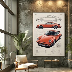 May include: A framed wall art print featuring a technical illustration of a red sports car. The print displays a side-profile line drawing, a side-profile color rendering, and a front-angle color view of the vehicle, accompanied by mechanical diagrams.