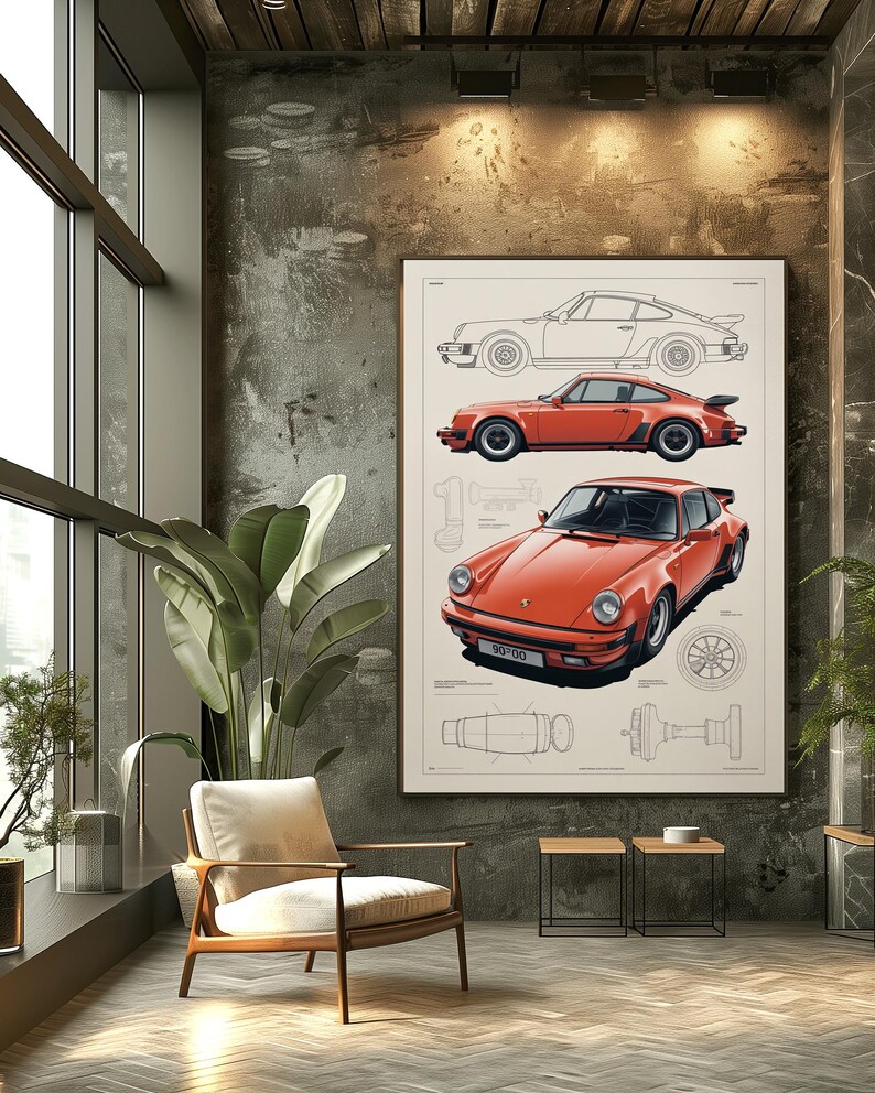 May include: A framed wall art print featuring a technical illustration of a red sports car. The print displays a side-profile line drawing, a side-profile color rendering, and a front-angle color view of the vehicle, accompanied by mechanical diagrams.