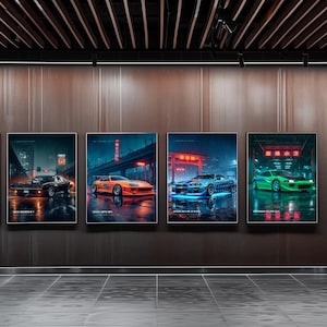 May include: Four rectangular wall posters featuring sports cars in rainy, neon-lit urban settings. The prints display a black Dodge Charger, an orange Toyota Supra, a blue Nissan Skyline, and a green Mitsubishi Eclipse, each with text below.