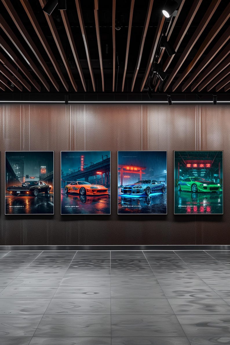 May include: Four rectangular wall posters featuring sports cars in rainy, neon-lit urban settings. The prints display a black Dodge Charger, an orange Toyota Supra, a blue Nissan Skyline, and a green Mitsubishi Eclipse, each with text below.