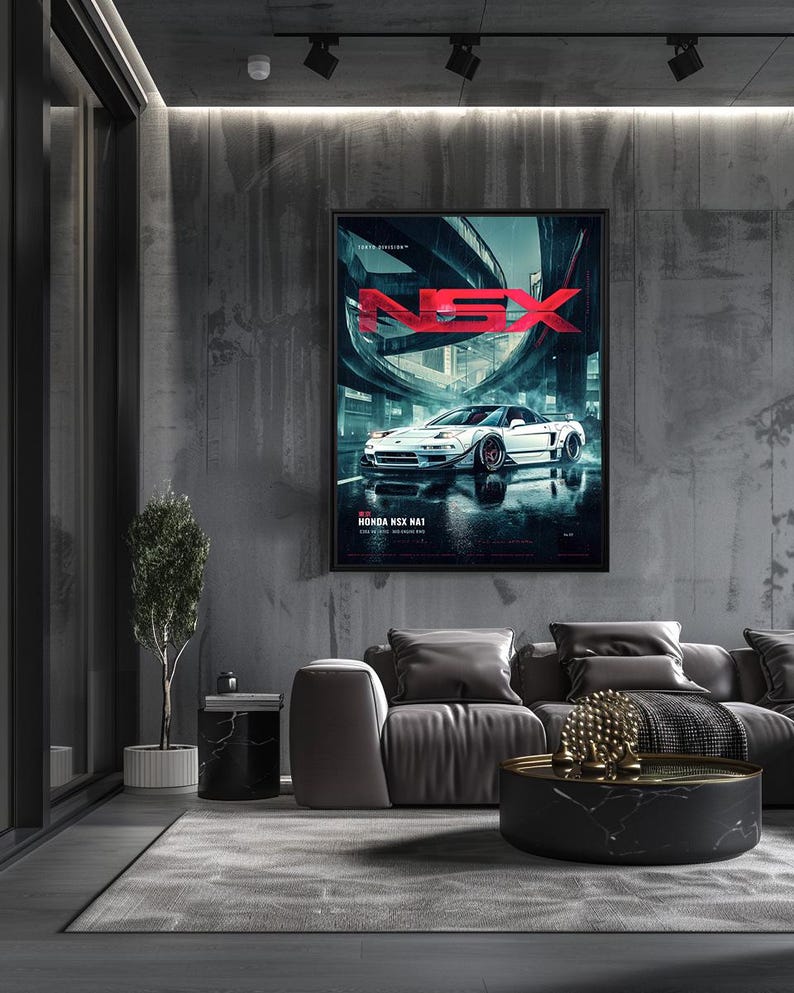 May include: A rectangular wall poster featuring a white Honda NSX NA1 sports car parked on a wet, reflective surface under a dark urban overpass. The text NSX is displayed in large red letters at the top, with HONDA NSX NA1 printed at the bottom.