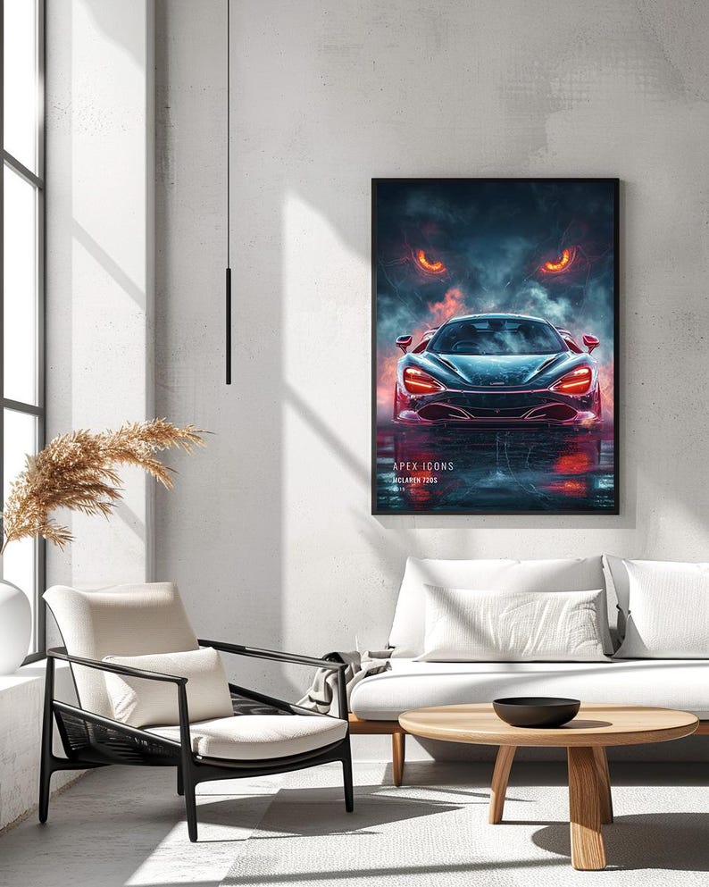 May include: A vertical rectangular wall art print featuring a dark blue McLaren 720S sports car with glowing red headlights. Above the car, two intense orange eyes emerge from dark smoke. The text APEX ICONS and MCLAREN 720S appear at the bottom.