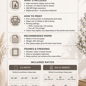 May include: A beige informational printing guide for wall art. It lists file formats, printing instructions, paper recommendations, and frame options. A table displays 2:3 ratio sizes in inches and ISO A-series sizes in centimeters for printing.