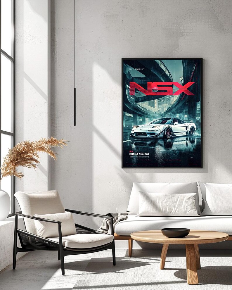 May include: A framed vertical wall poster featuring a white Honda NSX NA1 sports car parked on a wet city street at night. The text NSX is displayed in large red letters at the top, with Honda NSX NA1 printed in white at the bottom of the poster.