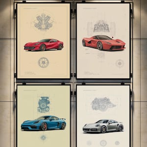 Puede incluir: Cuatro p&oacute;steres verticales enmarcados titulados Engineering Icons, cada uno muestra un coche deportivo en rojo, azul o plata con planos t&eacute;cnicos de motor y ruedas de fondo. Las l&aacute;minas presentan esquemas automotrices detallados y texto.