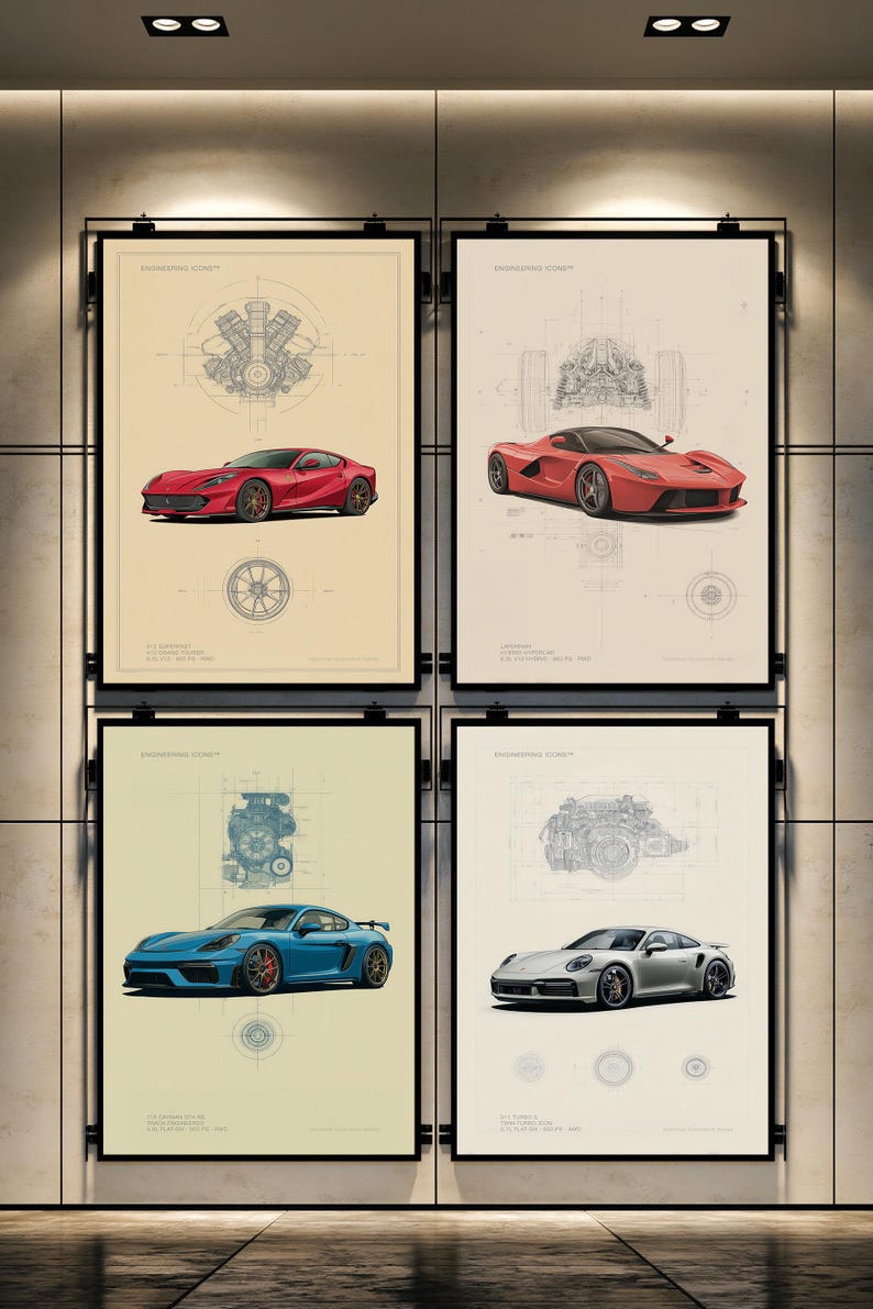 Puede incluir: Cuatro p&oacute;steres verticales enmarcados titulados Engineering Icons, cada uno muestra un coche deportivo en rojo, azul o plata con planos t&eacute;cnicos de motor y ruedas de fondo. Las l&aacute;minas presentan esquemas automotrices detallados y texto.