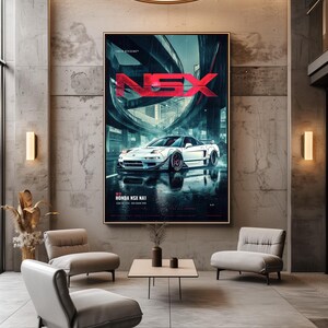 May include: A large rectangular wall poster featuring a white Honda NSX NA1 sports car parked on a wet city street at night. The bold red text NSX is centered at the top, with Tokyo Division and Honda NSX NA1 printed in smaller white text.