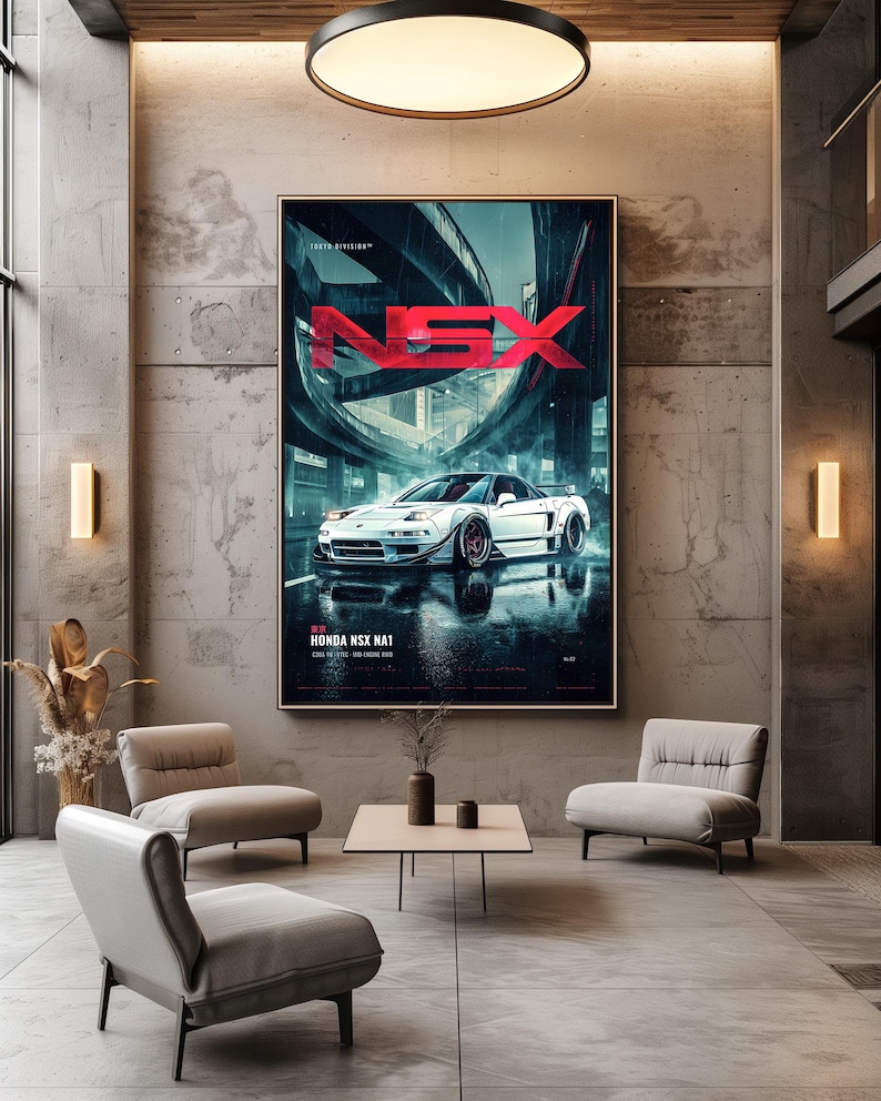 May include: A large rectangular wall poster featuring a white Honda NSX NA1 sports car parked on a wet city street at night. The bold red text NSX is centered at the top, with Tokyo Division and Honda NSX NA1 printed in smaller white text.