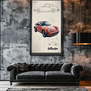 May include: A framed vertical wall art print featuring a technical blueprint style illustration of a red sports car. The artwork includes a detailed red car rendering, line drawings of the vehicle profile, a wheel, and a small race car graphic.