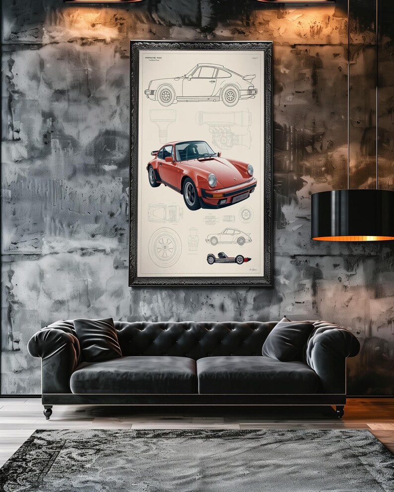 May include: A framed vertical wall art print featuring a technical blueprint style illustration of a red sports car. The artwork includes a detailed red car rendering, line drawings of the vehicle profile, a wheel, and a small race car graphic.