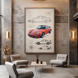 Puede incluir: Un gran cuadro enmarcado con una ilustraci&oacute;n t&eacute;cnica tipo plano de un coche deportivo. La obra muestra un coche rojo en el centro, rodeado de dibujos lineales del veh&iacute;culo en perfiles laterales y detalles de componentes mec&aacute;nicos.