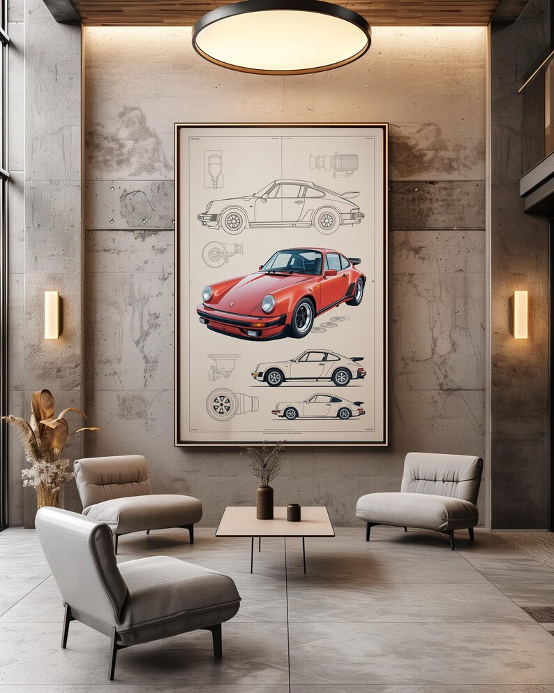 Puede incluir: Un gran cuadro enmarcado con una ilustraci&oacute;n t&eacute;cnica tipo plano de un coche deportivo. La obra muestra un coche rojo en el centro, rodeado de dibujos lineales del veh&iacute;culo en perfiles laterales y detalles de componentes mec&aacute;nicos.