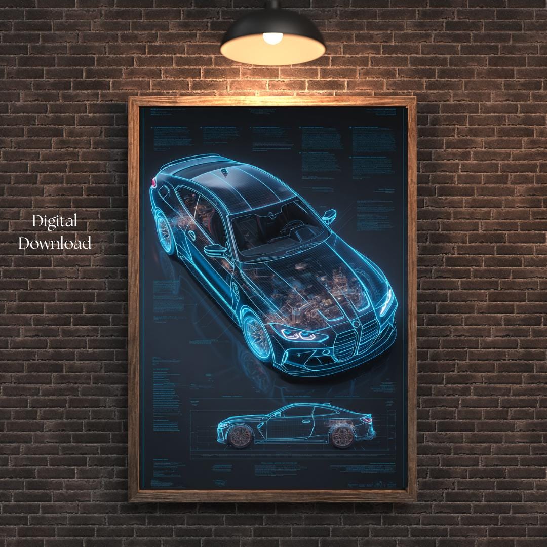 Garage Car Blueprint Poster Printable, Automotive Technical Wall Art ...