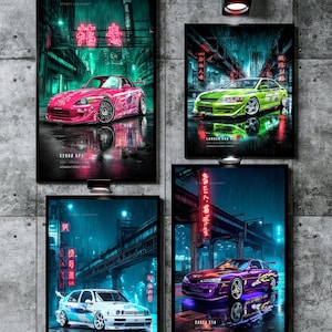 May include: Four framed wall art prints featuring stylized sports cars in a rainy neon-lit city. The prints depict a pink Honda S2000, a green Lancer Evo VII, a white Jetta A3, and a purple 240SX S14, each with Japanese text and street scenes.