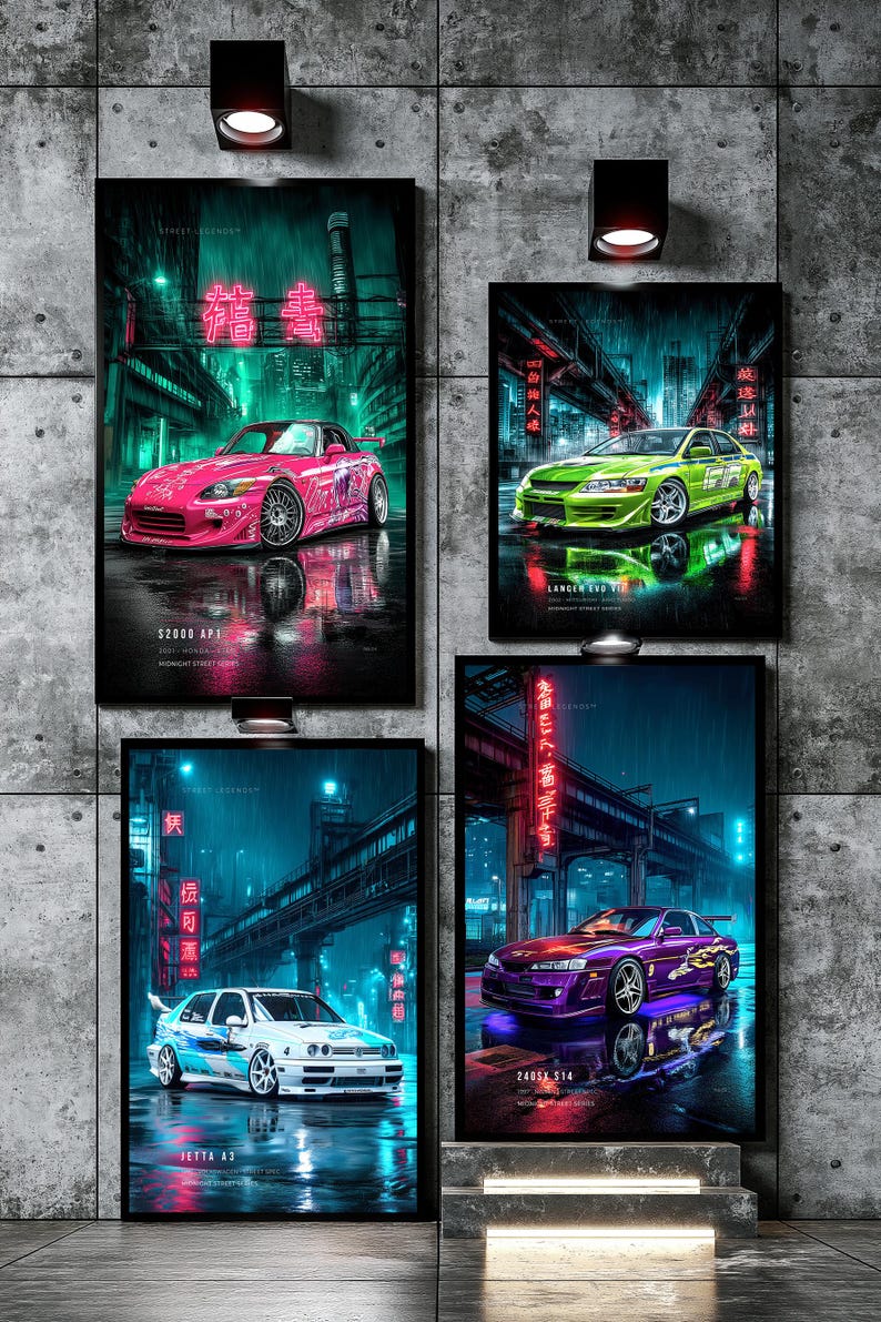 May include: Four framed wall art prints featuring stylized sports cars in a rainy neon-lit city. The prints depict a pink Honda S2000, a green Lancer Evo VII, a white Jetta A3, and a purple 240SX S14, each with Japanese text and street scenes.
