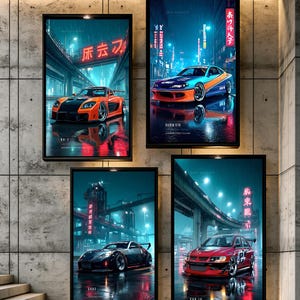 May include: Four rectangular wall art prints featuring Japanese sports cars in rainy city street settings. The prints display an orange RX-7, a blue and orange Silvia S15, a black 350Z, and a red Evo IX, each with neon signs and reflections.