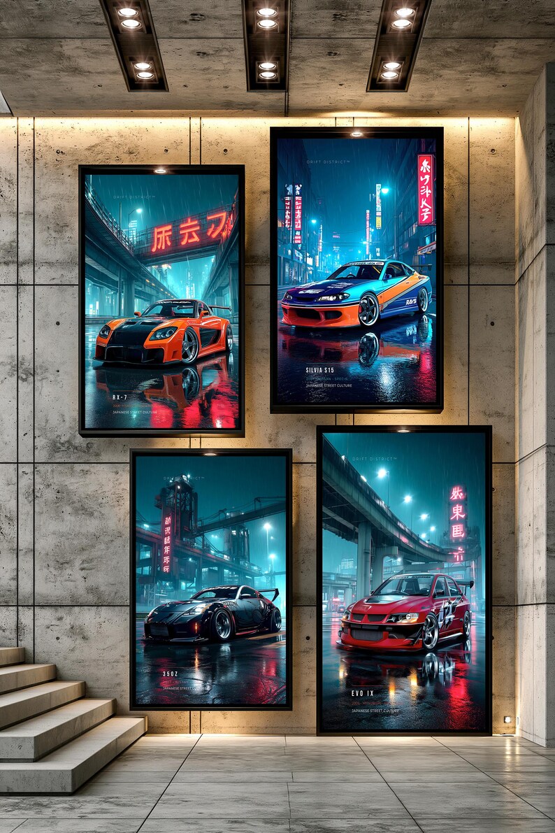 May include: Four rectangular wall art prints featuring Japanese sports cars in rainy city street settings. The prints display an orange RX-7, a blue and orange Silvia S15, a black 350Z, and a red Evo IX, each with neon signs and reflections.