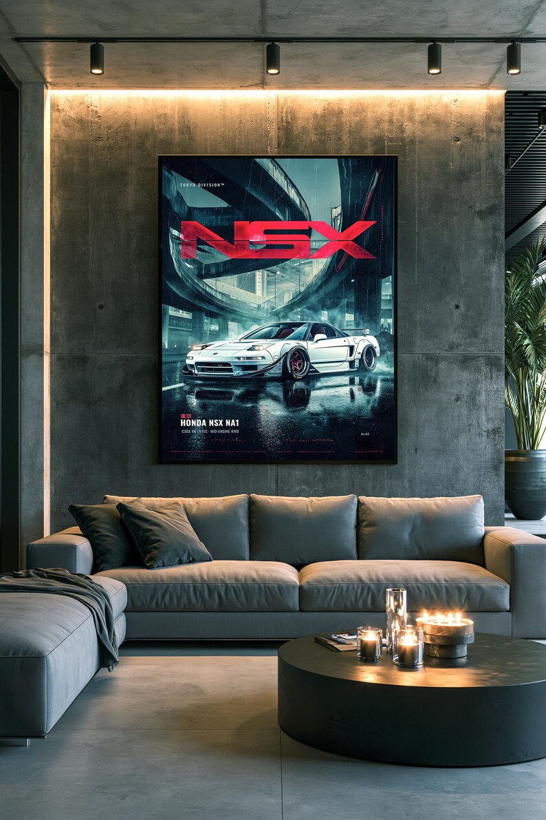 May include: A framed wall poster featuring a white Honda NSX NA1 sports car parked on a wet city street at night. The image includes the bold red text NSX at the top and the text HONDA NSX NA1 at the bottom, set against a dark urban background.