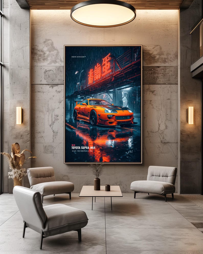 May include: A large vertical wall art print featuring an orange Toyota Supra MK4 sports car parked on a wet city street at night. The scene includes neon red Chinese characters, rain, and reflections. Text reads TOKYO DIVISION and TOYOTA SUPRA MK4.