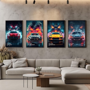 May include: Four vertical wall art prints featuring high-performance sports cars in red, black, yellow, and dark grey. Each print displays a vehicle centered against a dramatic, fiery, and smoky background with glowing eyes, labeled Apex Icons.