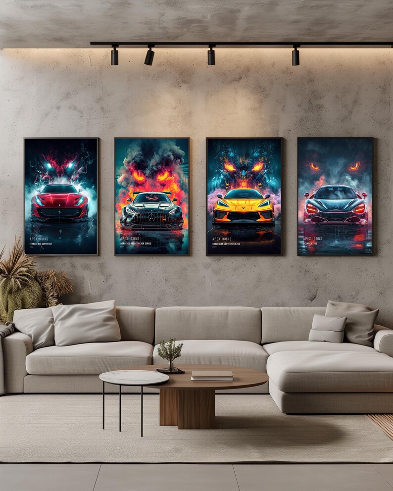 May include: Four vertical wall art prints featuring high-performance sports cars in red, black, yellow, and dark grey. Each print displays a vehicle centered against a dramatic, fiery, and smoky background with glowing eyes, labeled Apex Icons.