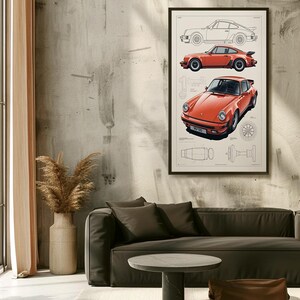May include: A framed wall art print featuring a technical illustration of an orange sports car. The artwork displays a side profile line drawing, a colored side view, and a front three-quarter view of the vehicle, accompanied by mechanical diagrams.