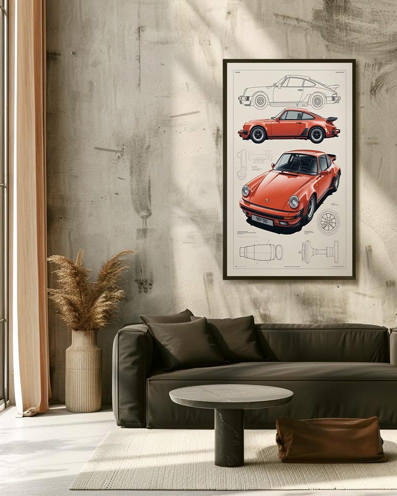 May include: A framed wall art print featuring a technical illustration of an orange sports car. The artwork displays a side profile line drawing, a colored side view, and a front three-quarter view of the vehicle, accompanied by mechanical diagrams.
