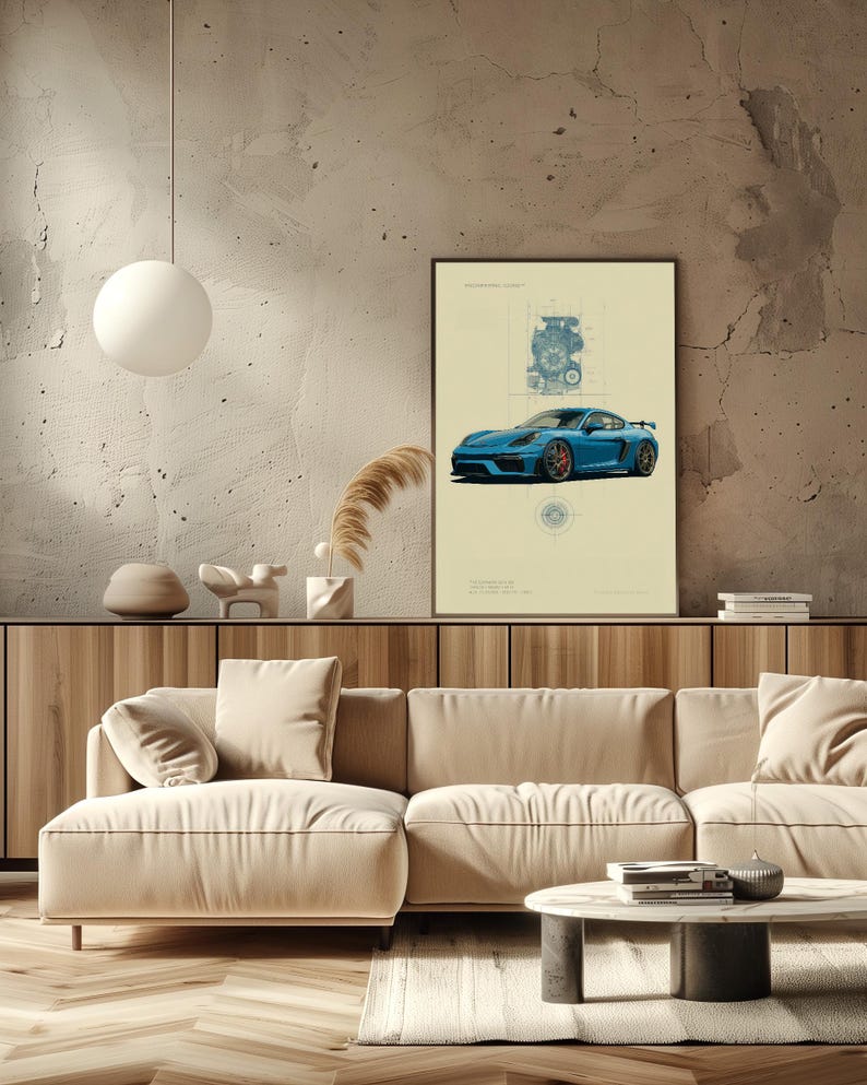 Puede incluir: Un cuadro vertical enmarcado que muestra un coche deportivo azul centrado sobre un fondo beige claro. Sobre el coche hay un diagrama t&eacute;cnico de motor en azul, y debajo un esquema mec&aacute;nico circular con detalles de texto.