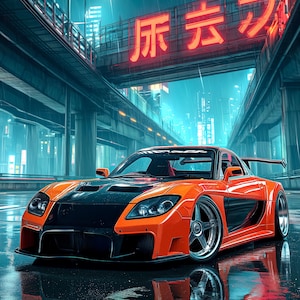 May include: A bright orange and black 2006 Mazda RX-7 sports car with a wide body kit and rear spoiler parked on a wet city street at night. The scene features a neon red sign with Japanese characters and the text DRIFT DISTRICT and RX-7.