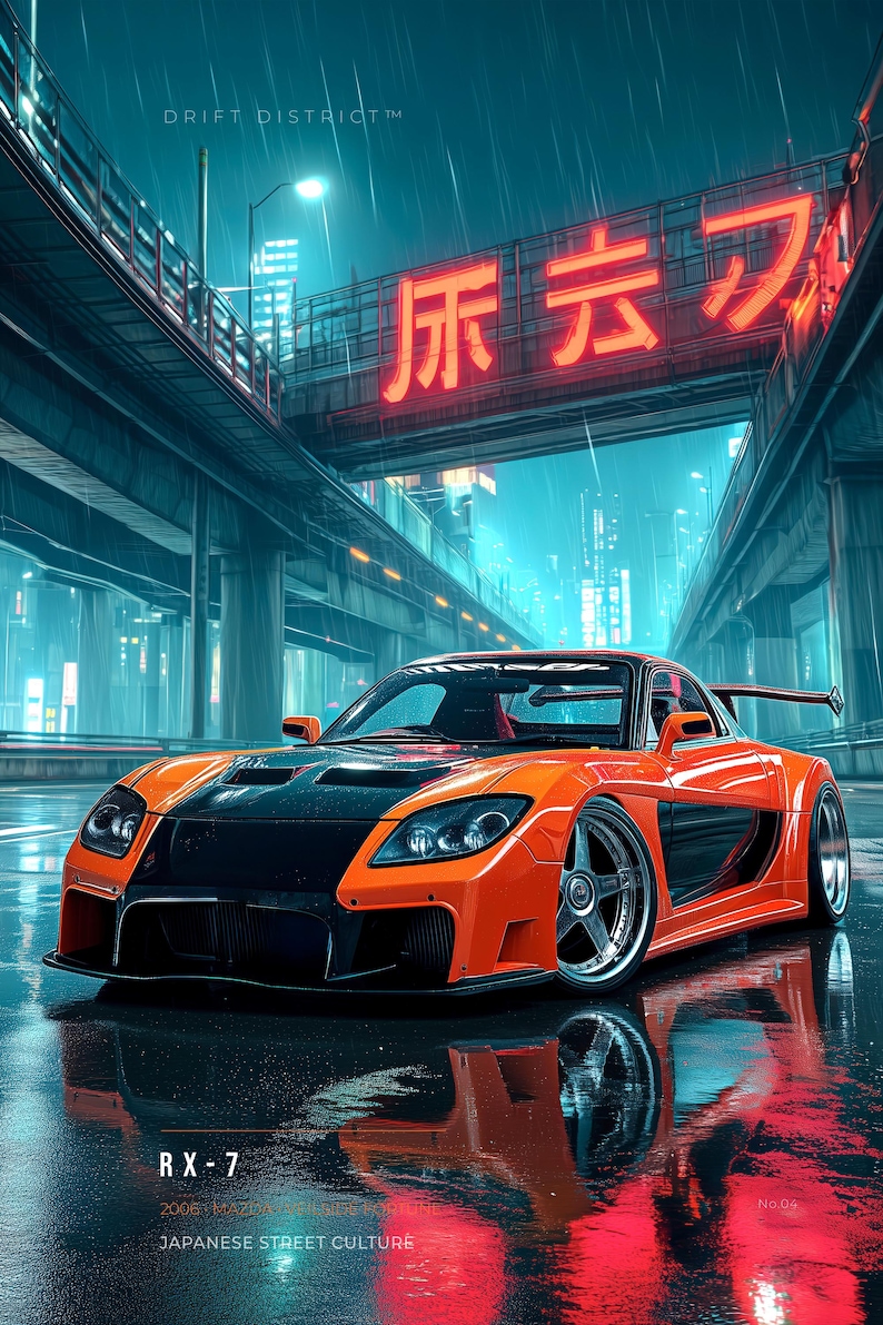 May include: A bright orange and black 2006 Mazda RX-7 sports car with a wide body kit and rear spoiler parked on a wet city street at night. The scene features a neon red sign with Japanese characters and the text DRIFT DISTRICT and RX-7.