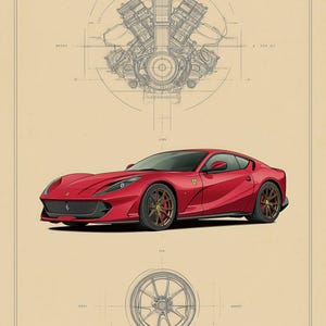 Puede incluir: Una impresi&oacute;n de ilustraci&oacute;n t&eacute;cnica que muestra un coche rojo 812 Superfast V12 Grand Tourer, un dibujo lineal detallado de un motor V12 y un diagrama de rueda. El texto dice ENGINEERING ICONS, 812 SUPERFAST, V12 GRAND TOURER, 6.5L V12, 800 PS, RWD.