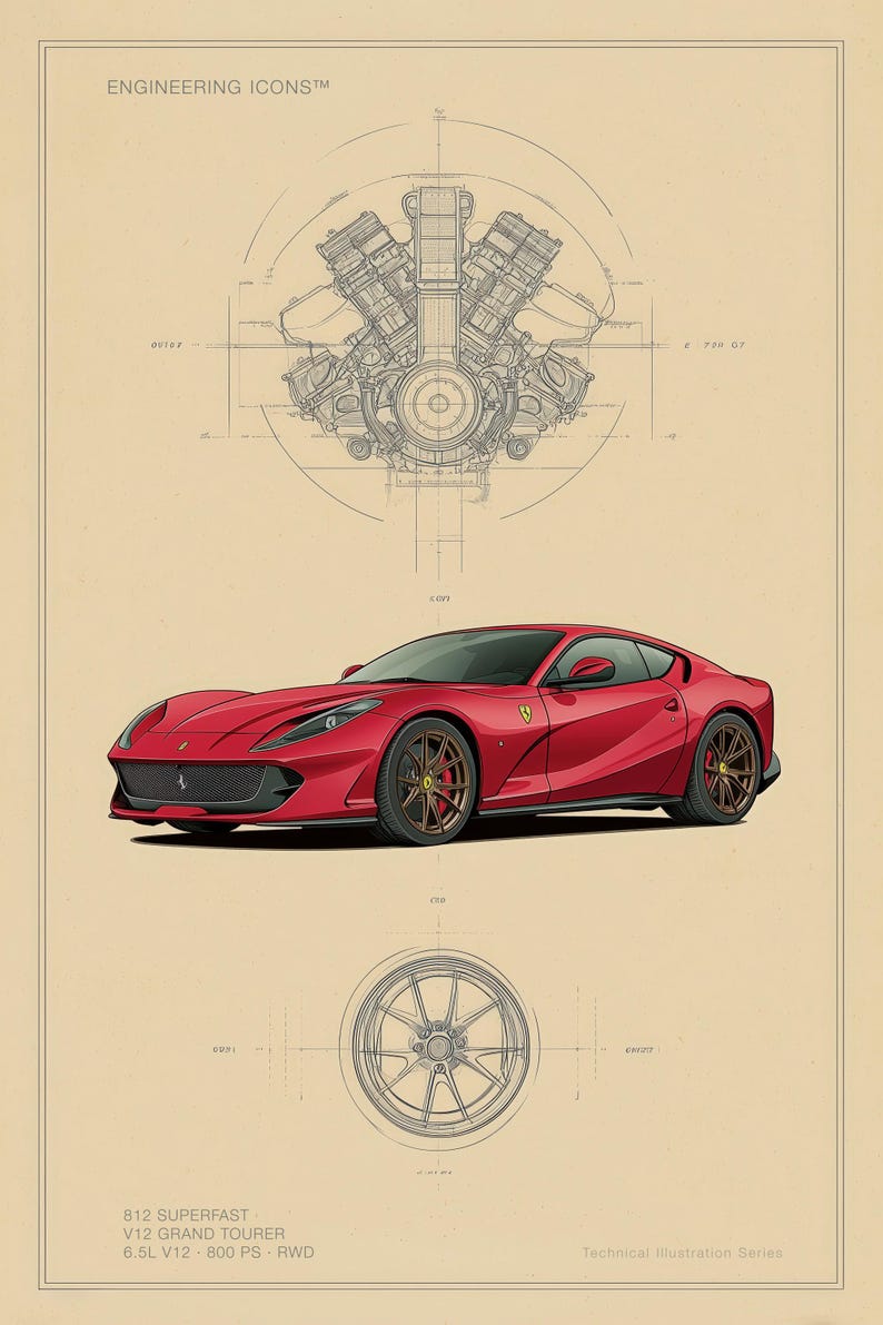 Puede incluir: Una impresi&oacute;n de ilustraci&oacute;n t&eacute;cnica que muestra un coche rojo 812 Superfast V12 Grand Tourer, un dibujo lineal detallado de un motor V12 y un diagrama de rueda. El texto dice ENGINEERING ICONS, 812 SUPERFAST, V12 GRAND TOURER, 6.5L V12, 800 PS, RWD.