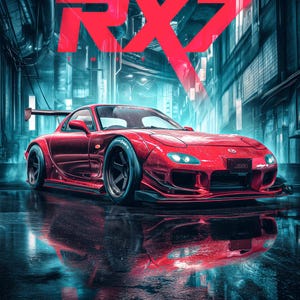 May include: A red Mazda RX-7 FD3S sports car with a wide body kit and rear wing, parked on a wet surface. The image features the text TOKYO DIVISION, RX7, and MAZDA RX-7 FD3S 13B-REW TWIN TURBO ROTARY RWD No.04 against a dark, neon-lit urban background.