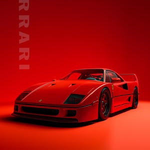 May include: A red Ferrari F40 sports car on a solid red background. Text reads: FERRARI, APEX ICONS FERRARI LEGENDS No.03, and FERRARI F40 1987 2.9L Twin-Turbo V8 478 HP. The car features a low profile, pop-up headlights, and black wheels.