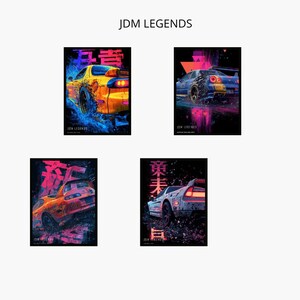 Japanische Auto-Digitalposter-Set (4er-Set), JDM-Wandkunstdrucke, RX-7, FD, NSX, Skyline, R34, Supra Mk4, JDM Legends Archive Edition