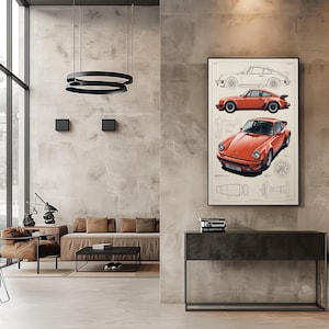 May include: A framed wall art print featuring a technical illustration of a classic orange sports car. The artwork displays a side profile line drawing, a side view in orange, and a front three-quarter view of the car, alongside mechanical diagrams.
