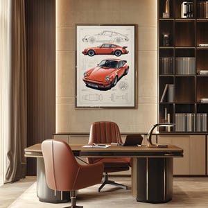 May include: A framed wall art print featuring a technical illustration of a red sports car. The artwork displays a side profile line drawing, a side view of the red car, and a detailed front three-quarter view, accompanied by mechanical diagrams.