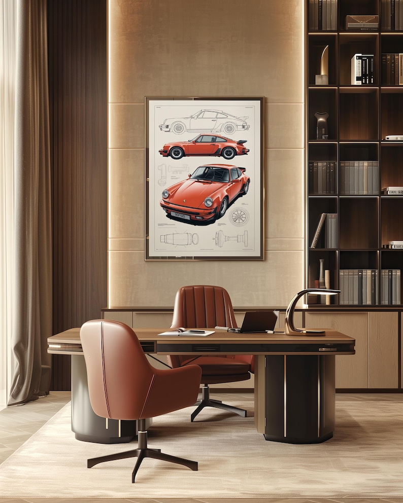 May include: A framed wall art print featuring a technical illustration of a red sports car. The artwork displays a side profile line drawing, a side view of the red car, and a detailed front three-quarter view, accompanied by mechanical diagrams.