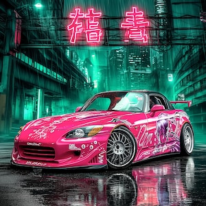May include: A bright pink 2001 Honda S2000 AP1 sports car with anime-style graphics on the side, parked on a wet city street at night. The scene features neon pink Chinese characters above the car and the text S2000 AP1 2001 HONDA VTEC.