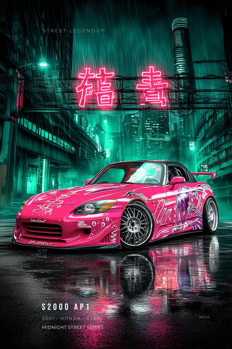 May include: A bright pink 2001 Honda S2000 AP1 sports car with anime-style graphics on the side, parked on a wet city street at night. The scene features neon pink Chinese characters above the car and the text S2000 AP1 2001 HONDA VTEC.